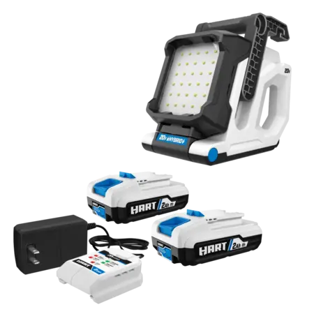 Luz LED imantada híbrida HART de 20 voltios, 1,500 lúmenes con paquete de 2 baterías de 2 Ah y kit Starter de cargador