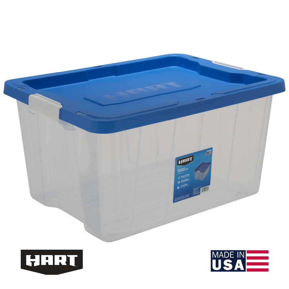 Caja de almacenamiento de plástico transparente de 68 cuartos con pestillo y tapa azul