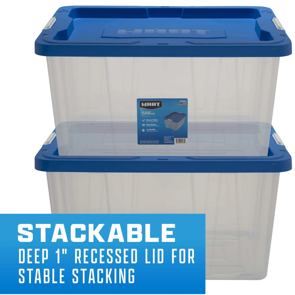 Caja de almacenamiento de plástico transparente de 68 cuartos con pestillo y tapa azul