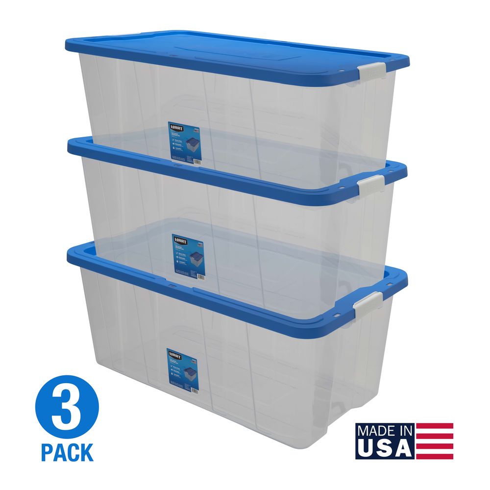 Caja de almacenamiento de plástico transparente de 160 cuartos con pestillo y tapa azul - Juego de 3