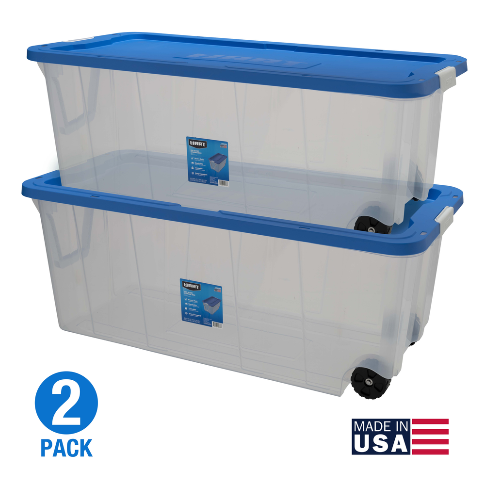 Caja de almacenamiento de plástico transparente de 200 cuartos con ruedas y tapa azul - Juego de 2