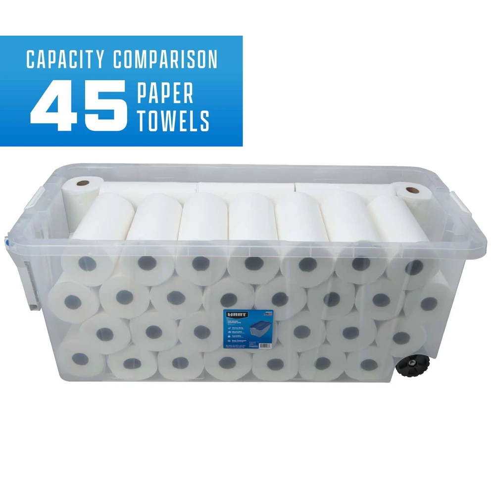 Caja de almacenamiento de plástico transparente de 200 cuartos con ruedas y tapa azul